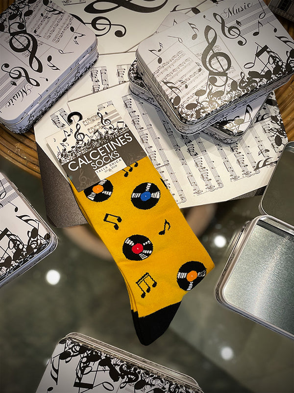 Calcetines en Caja de Lata 'Discos' - Mostaza