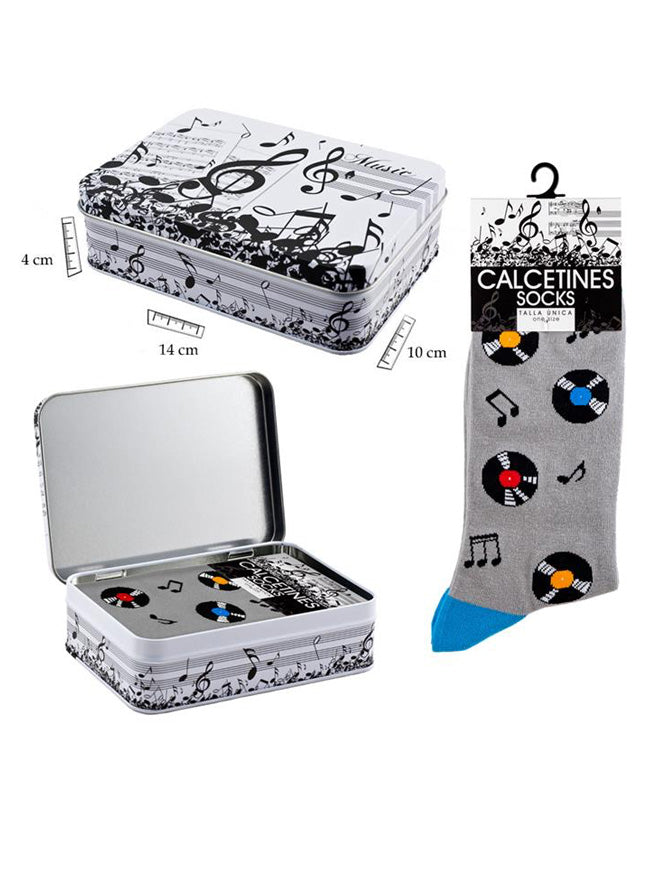 Calcetines en Caja de Lata 'Discos' - Gris