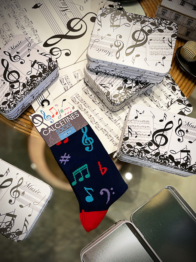 Calcetines en Caja de Lata 'Notas Musicales' - Azul