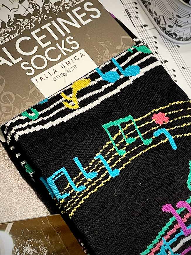 Calcetines en Caja de Lata 'Partituras Musicales' - Negro