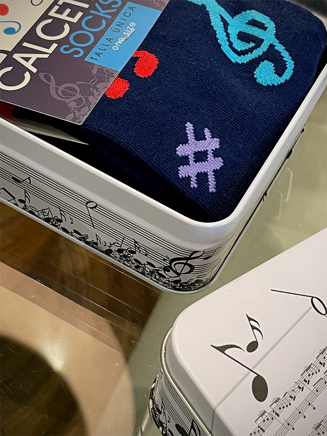 Calcetines en Caja de Lata 'Notas Musicales' - Azul