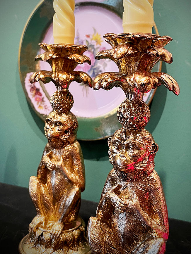 Pair of Antiqued Candle Holders 'Monkeys'